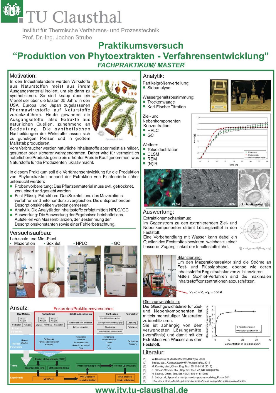 Die Infografik "Produktion von Phytoextrakten – Verfahrensentwicklung" zeigt den Ablauf eines Praktikumsversuchs zur Herstellung von Pflanzenextrakten. Sie behandelt die Motivation, Analytik, den Versuchsaufbau, den Ansatz und die Auswertung des Praktikumsversuchs und enthält zudem Literaturhinweise.